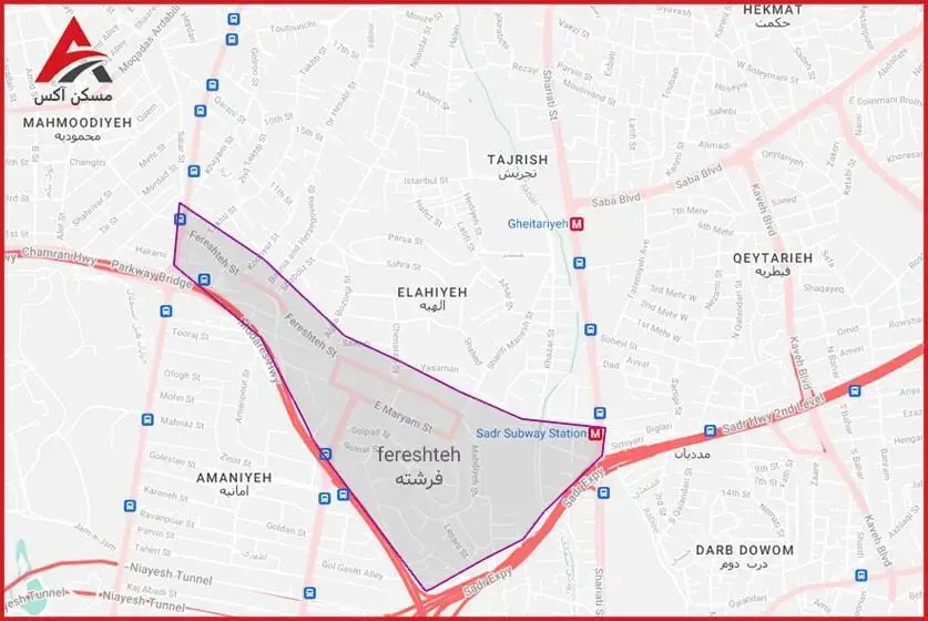 لوکیشن خیابان فرشته تهران | خیابان فرشته تهران روی نقشه | مسیر رفتن به خیابان فرشته